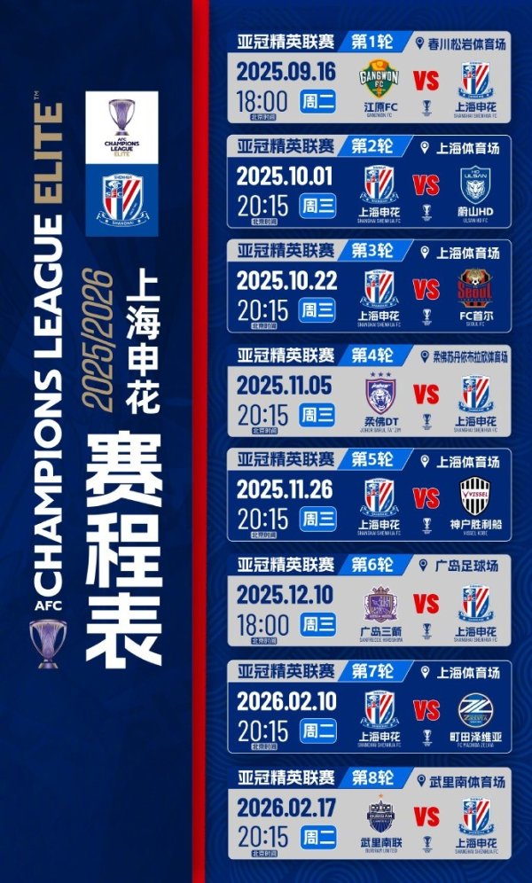2025/2026亚冠精英联赛上海申花赛程表