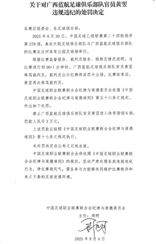 广西蓝航俱乐部官员黄翌辱骂裁判员，被禁赛6场+罚款3万