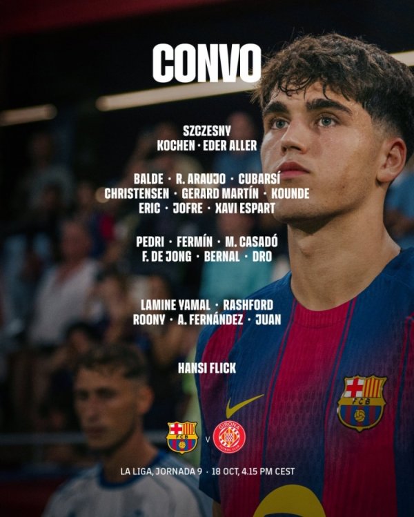 巴萨对阵赫罗纳名单:亚马尔、费尔明在列,莱万、费兰等多人缺席 巴萨对阵赫罗纳名单:亚马尔、费尔明在列,莱万、费兰等多人缺席