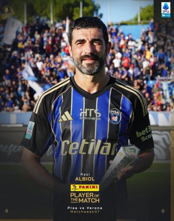 老而弥坚，意甲官方：40岁阿尔比奥尔当选比萨0-0维罗纳全场最佳