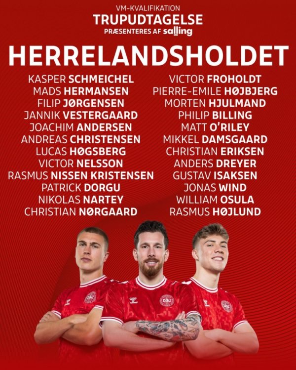 丹麦世预赛名单:小舒梅切尔、埃里克森领衔,霍伊伦、多尔古在列 丹麦世预赛名单:小舒梅切尔、埃里克森领衔,霍伊伦、多尔古在列