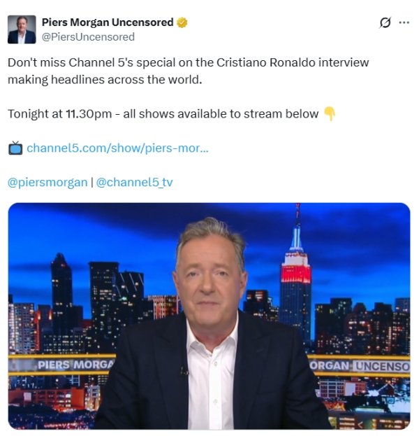 摩根预热：C罗专访“延长赛  赛”将于北京时间明早7点30播出！