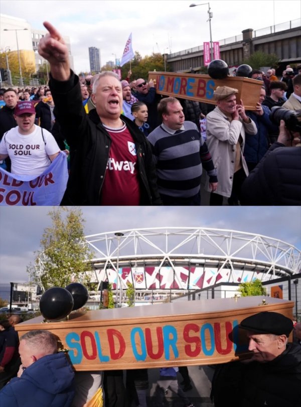 太阳报：不满俱乐部所有者，西汉姆联球迷抬棺抗议